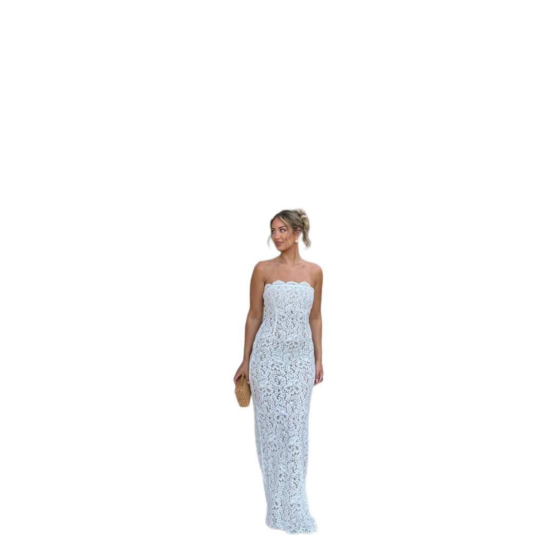 Damen Häkel-Maxikleid mit schmalem Schnitt und herzförmigem Ausschnitt EB