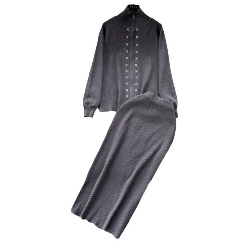 Damen eleganter Strickanzug mit Reißverschluss EB