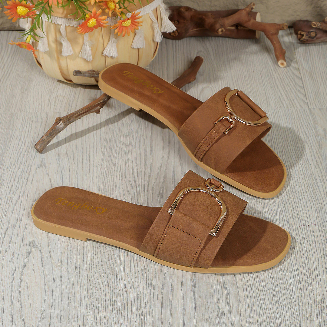 Damen elegante Slide-Pantoletten mit dekorativem Metall-Detail EB