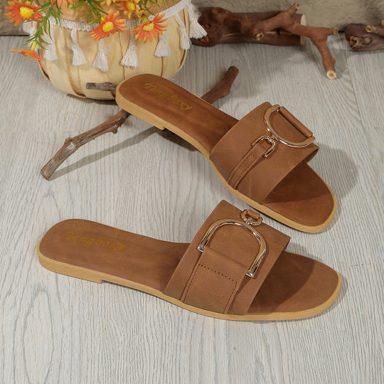Damen elegante Slide-Pantoletten mit dekorativem Metall-Detail EB