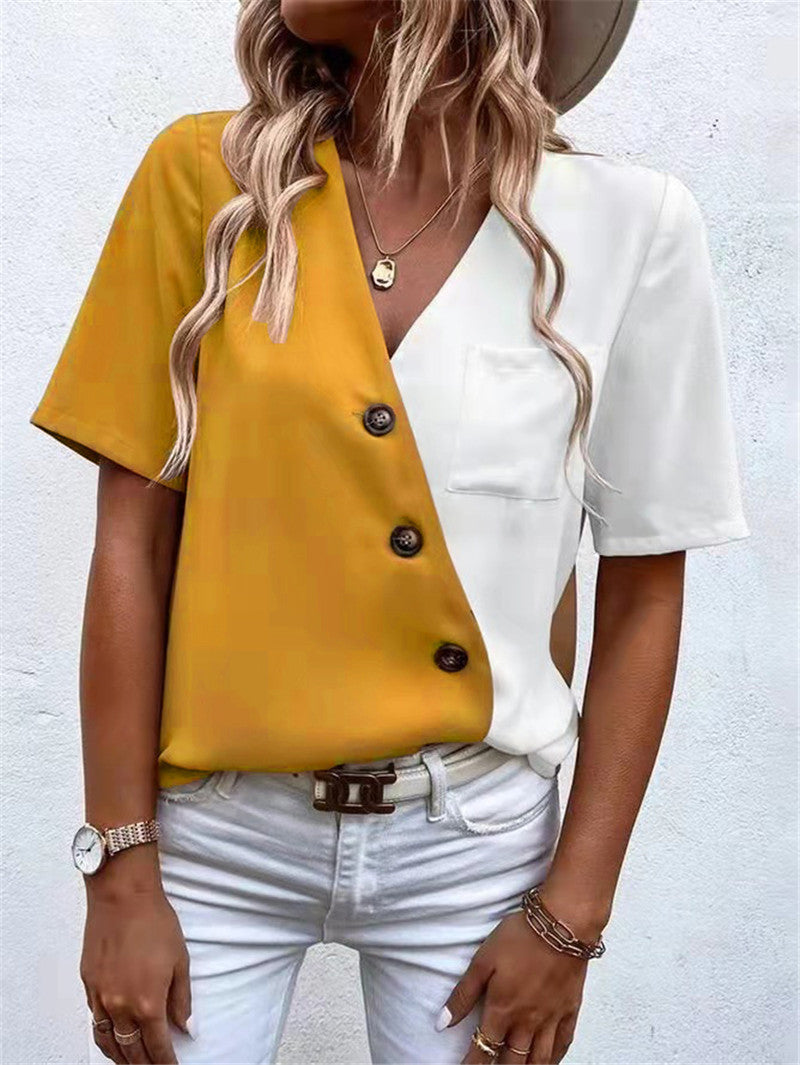 Damen Modisches Hemdblusenshirt mit asymmetrischen Farben und Knopfdetails EB
