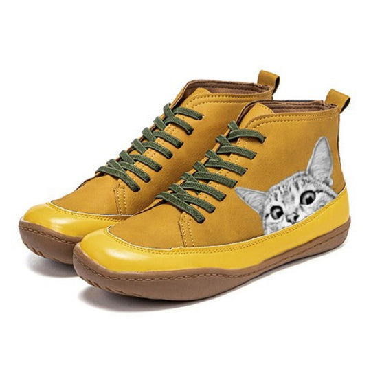 Damen nan knöchelhohe Sneaker mit niedlichem Katzenmotiv Stickerei und ergonomischem Komfortfußbett EB