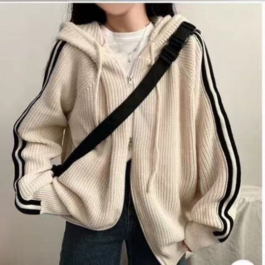 Damen lässiger Strickhoodie mit tiefem V-Ausschnitt und seitlichen Streifen EB