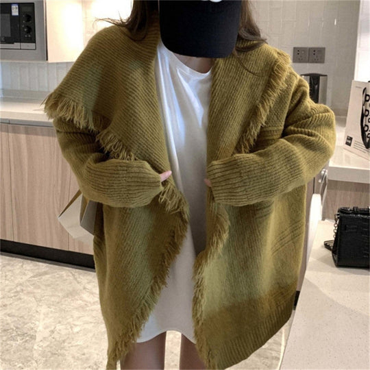 Damen Oversized Strickjacke mit fransigen Details und offenem Schnitt EB