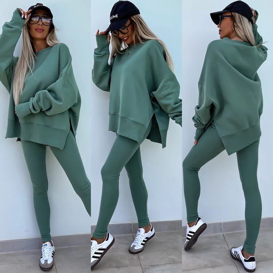 Damen nan Oversize Sweatshirt mit taillierten Rib-Leggings Set EB