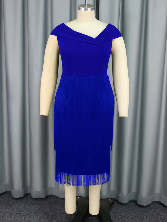 Damen Glamouröses Fransen-Kleid mit elegantem V-Ausschnitt EB