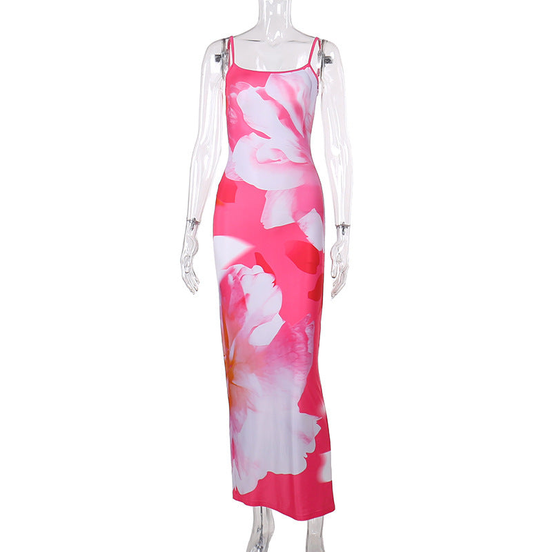Damen trendiges Maxi-Kleid mit floralem Muster und schmalen Spaghettiträgern EB