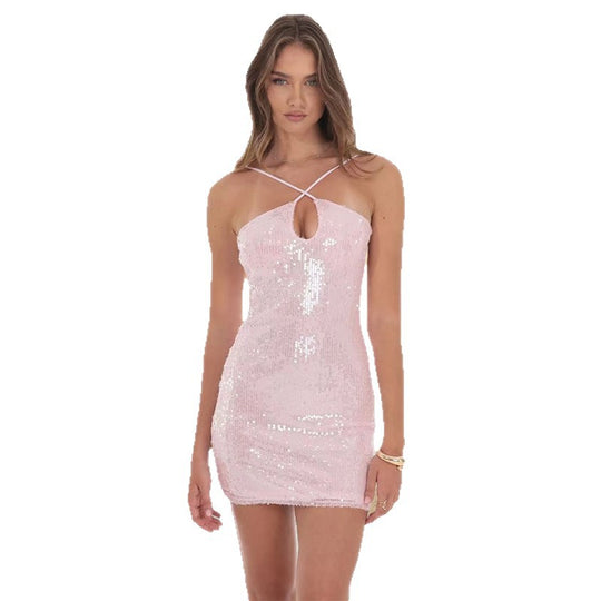 Damen Glitzerndes Minikleid mit eleganter Trägergestaltung und tiefem Ausschnitt EB