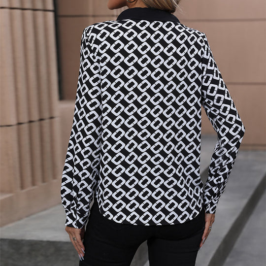 Damen Elegante Bluse mit modernem grafischem Muster und Krawattenverschluss EB
