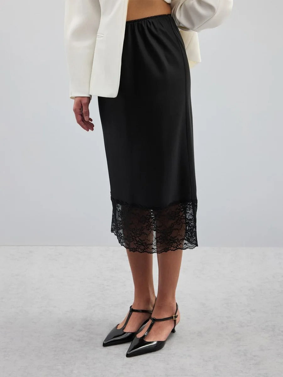 Damen eleganter Satin-Rock mit floralen Spitzenakzenten EB