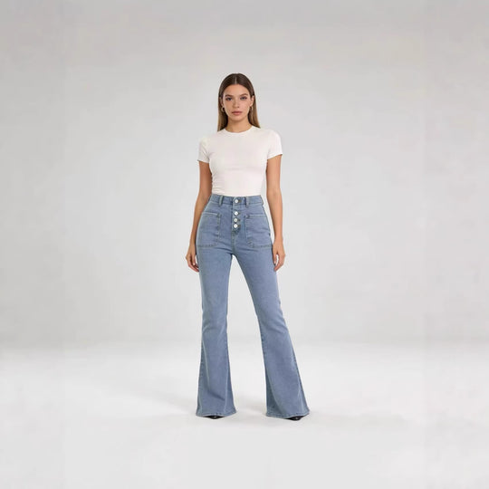 Damen Bootcut Jeans mit hohem Bund und Knopfleiste