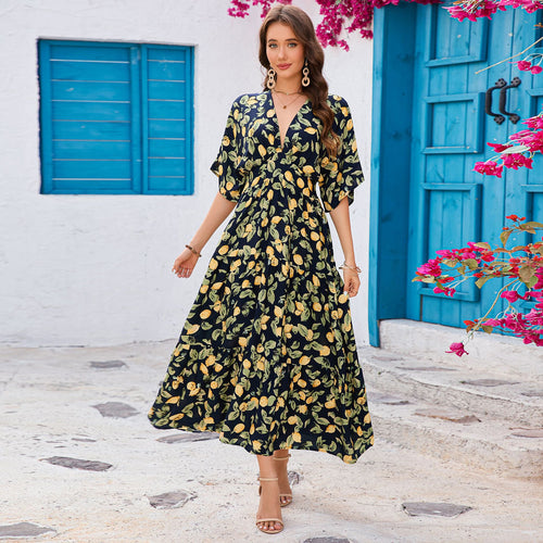 Damen Maxikleid mit elegantem V-Ausschnitt und floralen Design EB
