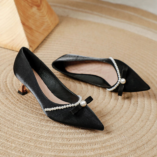 Damen elegante Pumps mit Perlenapplikation und raffinierter Schleife EB