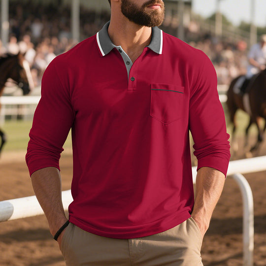 Herren Langarm-Poloshirt mit strukturiertem Design und modischer Brusttasche EB