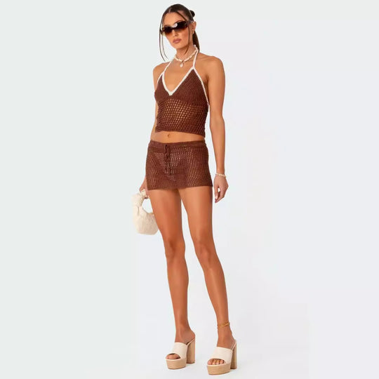 Damen gehäkeltes Strand-Outfit mit verstellbarem Oberteil und Shorts EB