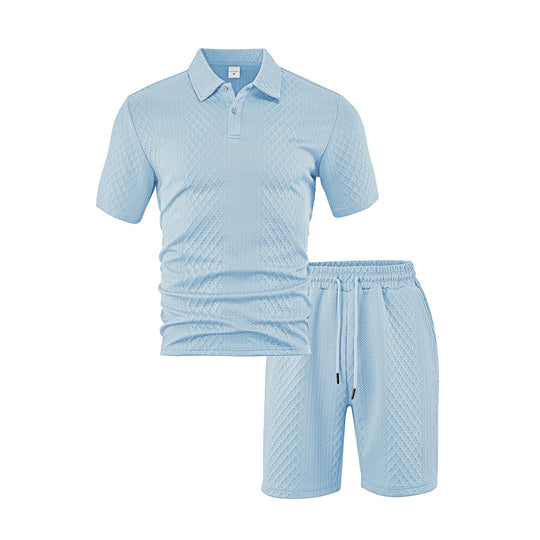 Herren nan dreidimensionales Relief-Freizeit-Set mit Polokragen, verdeckter Knopfleiste und elastischer Tunnelzugshorts EB