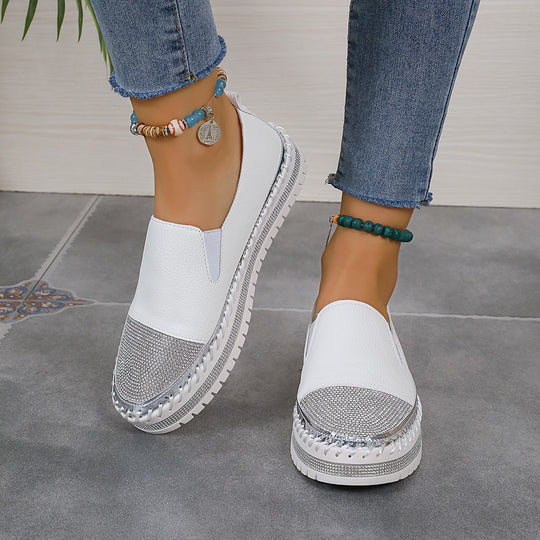 Damen Slip-On Plateau-Slipper mit Strassbesatz, elastischem Einstieg und profilierter Gummisohle EB