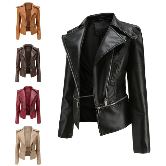 Damen nan taillierte Kunstleder-Bikerjacke mit asymmetrischem Reverskragen EB
