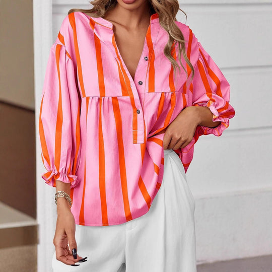 Damen oversize Bluse mit Streifenmuster und Knopfleiste EB