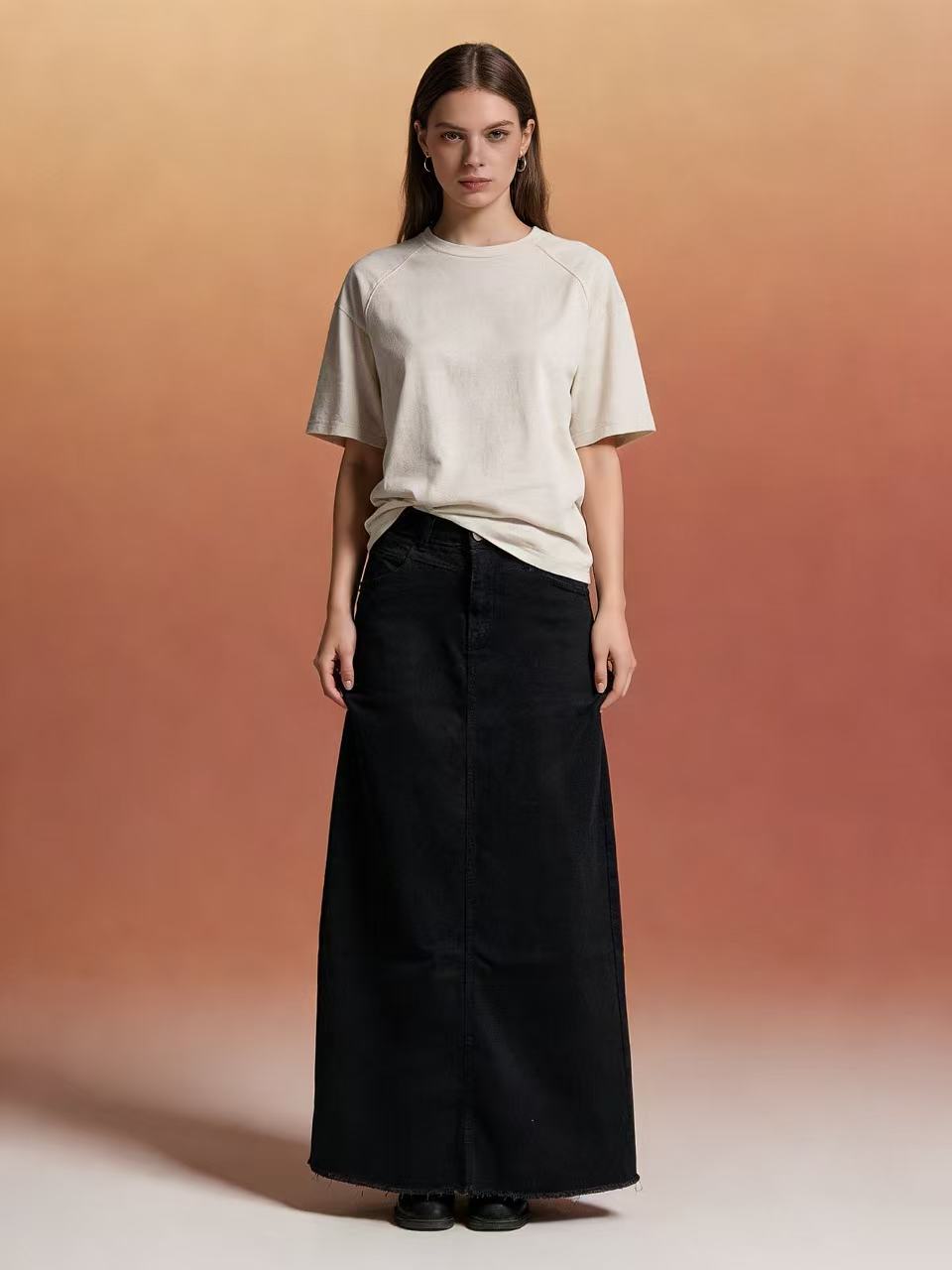 Damen nan langer High-Waist Denim-Maxirock mit gerader Silhouette und rohem Saum EB