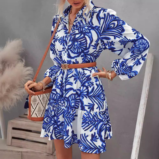 Damen lässiges Hemdkleid mit voluminösen Ärmeln und durchgehendem Knopfverschluss EB