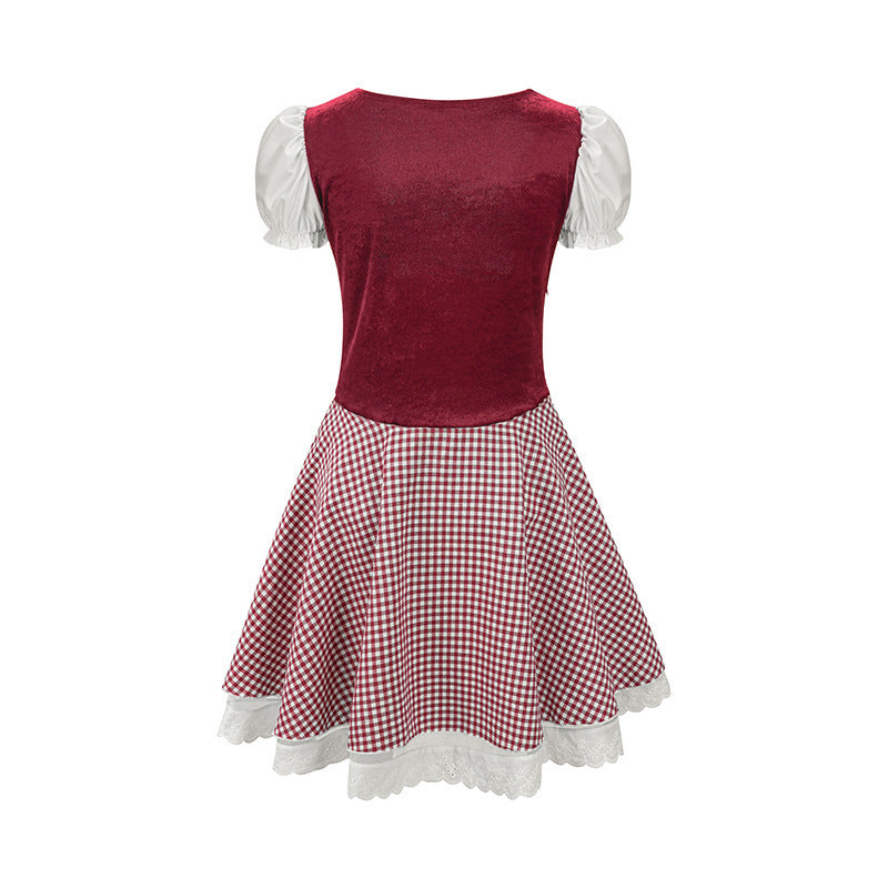 Damen nan Trachtenkleid im Vichy-Stil mit Puffärmeln, Schnürkorsett und Spitzenschürze EB
