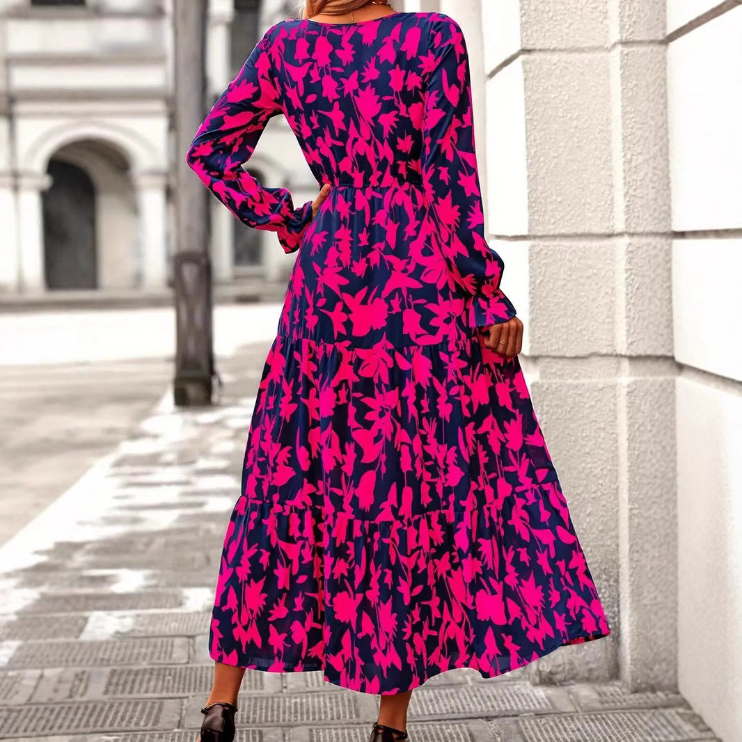 Damen Maxikleid mit V-Ausschnitt und voluminösen Ärmeln EB
