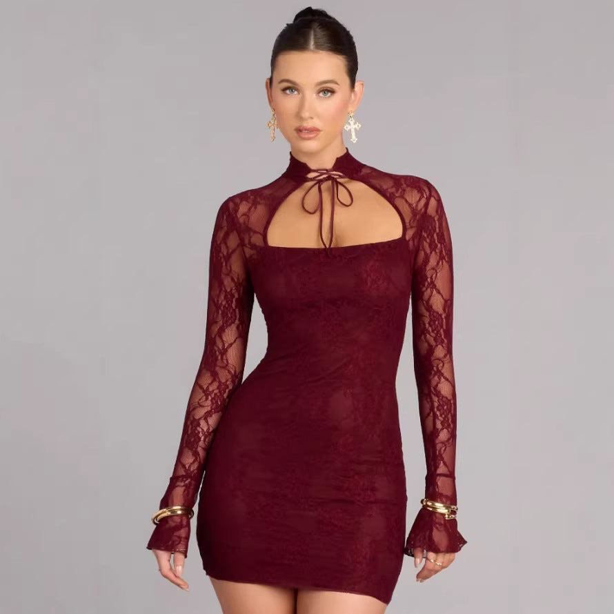 Damen Spitzen Minikleid mit hohem Kragen und schmalen Ärmeln EB