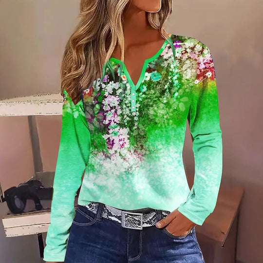 Damen Blütenmuster Langarmshirt mit Knopfleiste EB