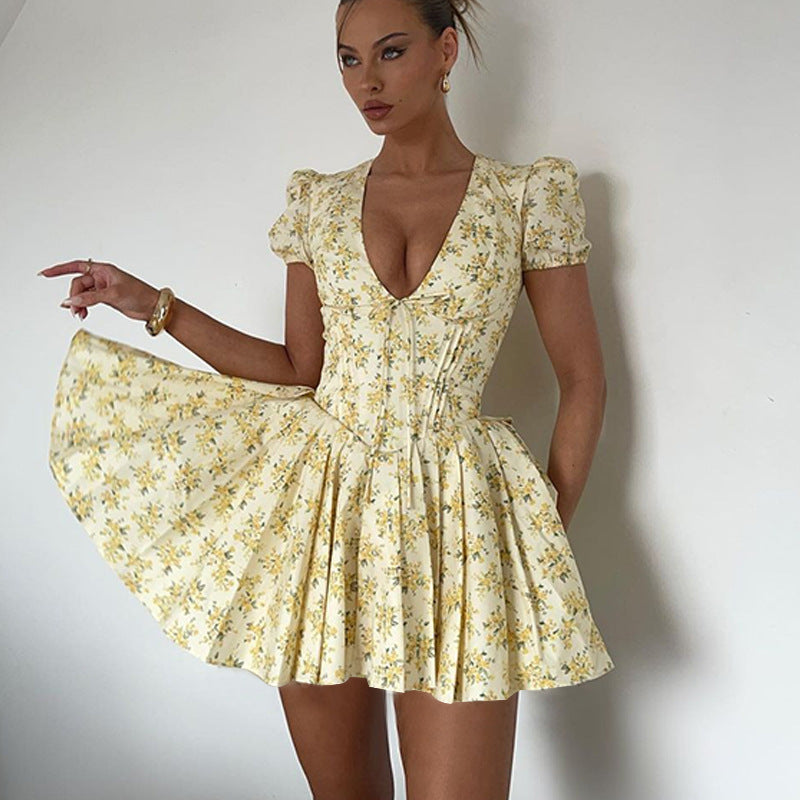 Damen Puffärmel Kleid mit tiefem V-Ausschnitt und tailliertem Design EB