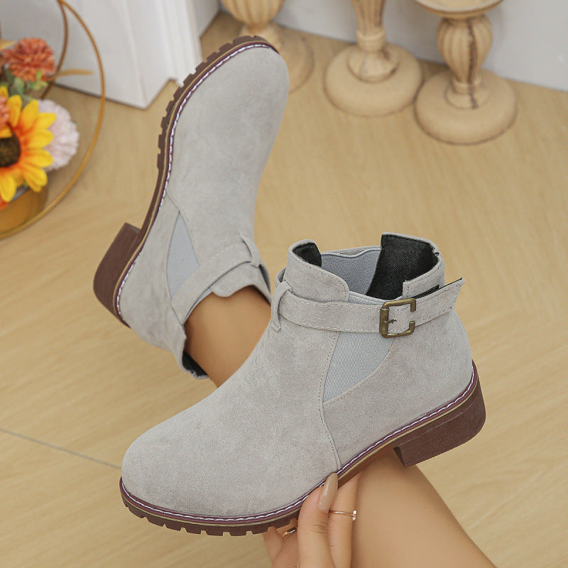 Damen kurze Ankle-Boots im Vintage-Velours-Look mit Schnallenriemen und profilierter Gummisohle EB