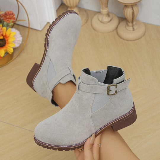 Damen kurze Ankle-Boots im Vintage-Velours-Look mit Schnallenriemen und profilierter Gummisohle EB