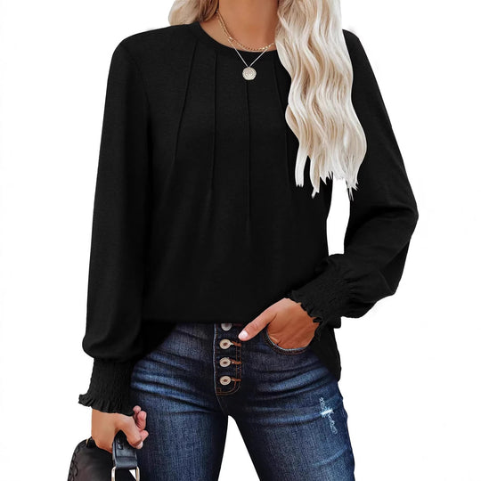Damen Longsleeve-Tunika mit senkrechten Biesen und gerafften Rüschbündchen EB