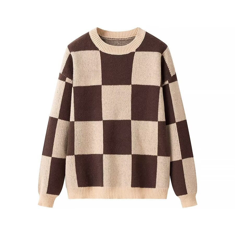 Damen modischer Pullover mit grafischem Karomuster und Rundhalsausschnitt EB