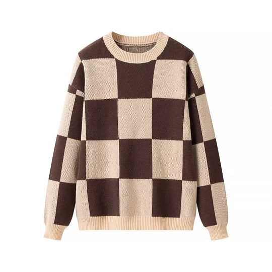 Damen modischer Pullover mit grafischem Karomuster und Rundhalsausschnitt EB