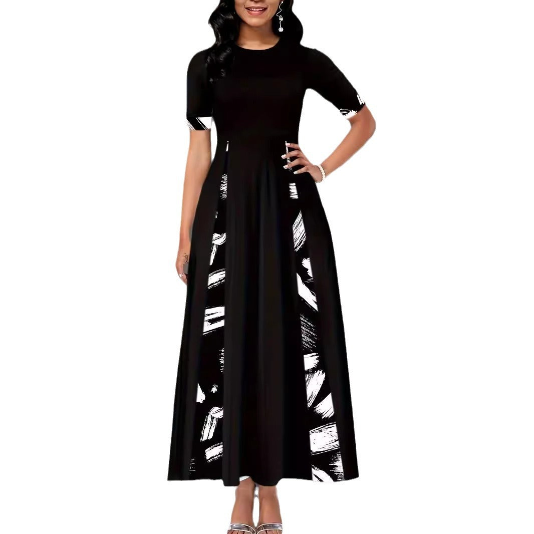 Damen elegantes Maxikleid mit modischem Pinselstrich-Muster und praktischen Taschen EB
