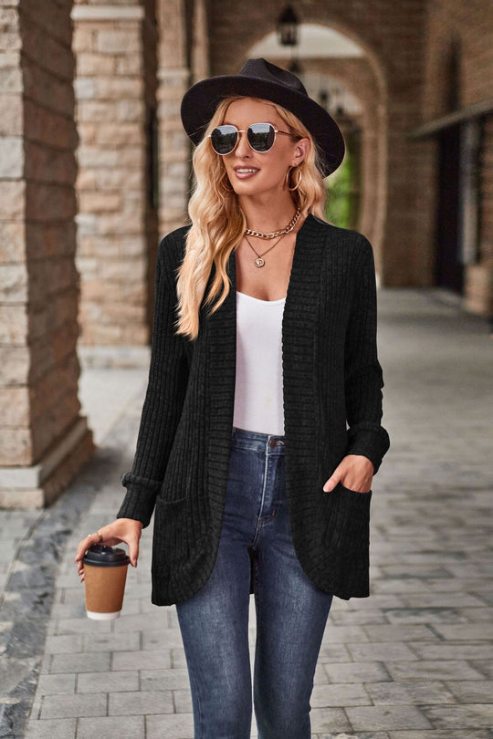 Damen nan langer gerippter Cardigan mit aufgesetzten Taschen und offener Front EB