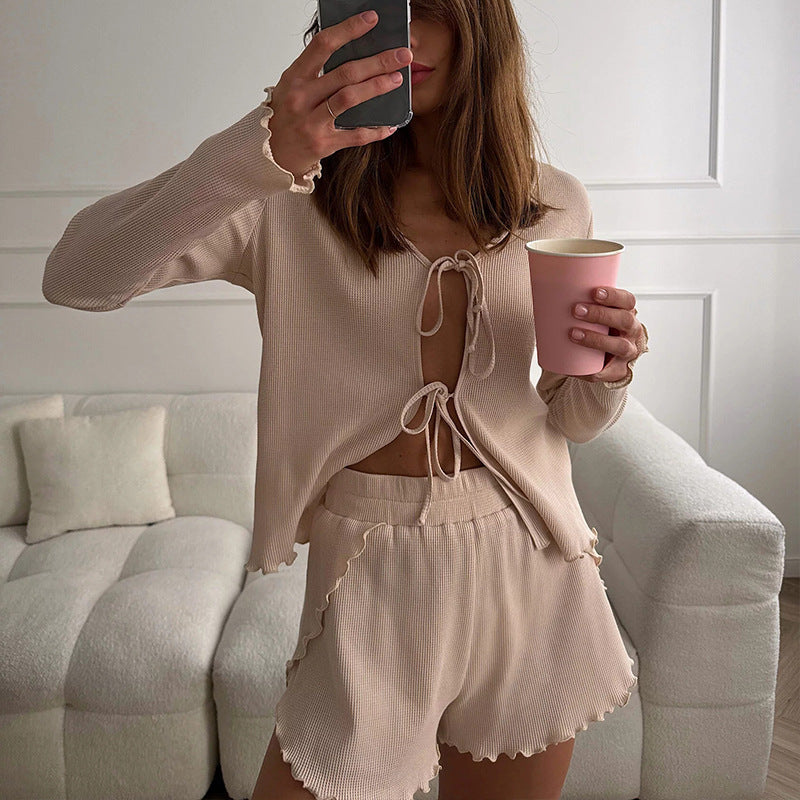 Damen gemütliches Rippstrick Haus-Set mit Bindecardigan und Shorts EB