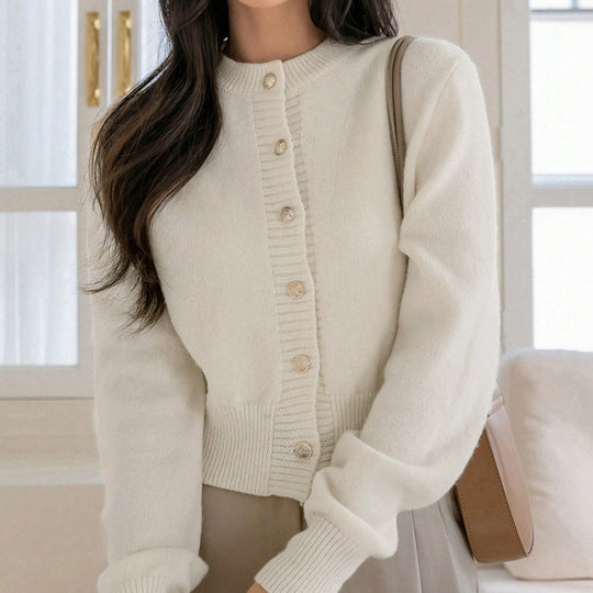 Damen Modischer Strickcardigan mit Knopfleiste und feiner Rippstruktur EB