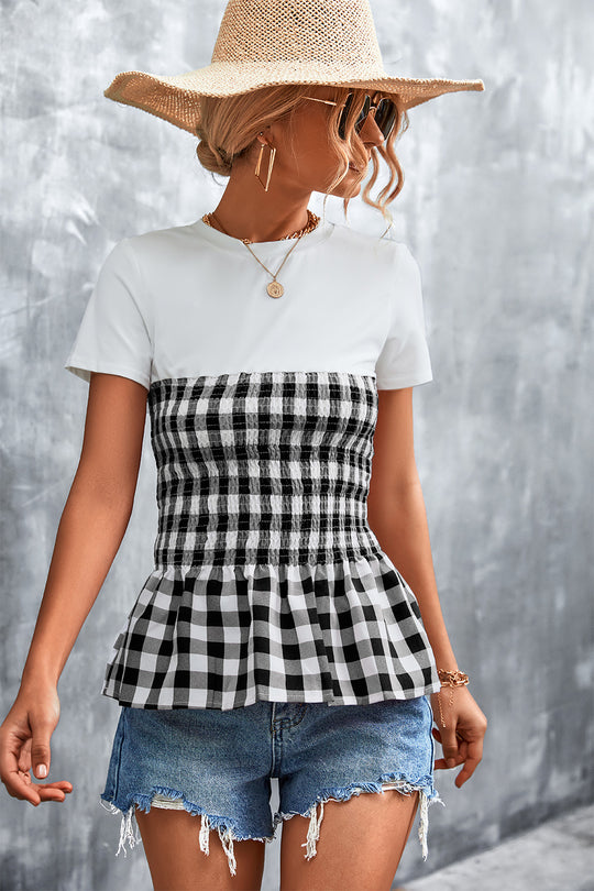 Damen Peplum-Oberteil mit kariertem Stoff und elastischer Taillierung EB