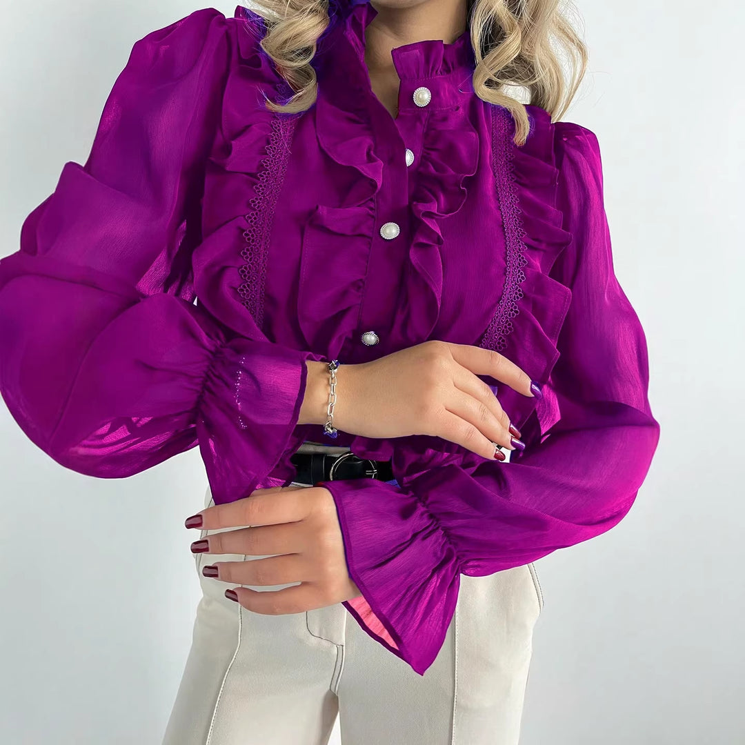 Damen Rüschenbluse aus Chiffon mit Stehkragen und Perlenknöpfen EB