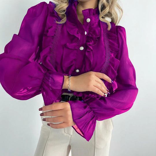 Damen Rüschenbluse aus Chiffon mit Stehkragen und Perlenknöpfen EB