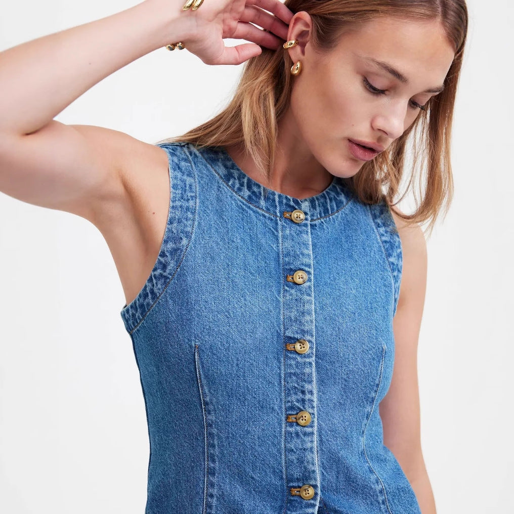 Damen Jeans-Weste mit asymmetrischem Schnitt und dekorativen Knöpfen EB