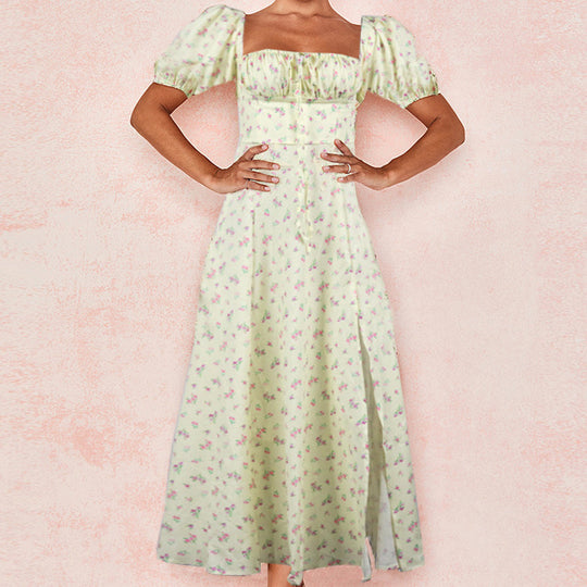 Damen Maxikleid mit Puffärmeln und floralem Cut-out-Design EB