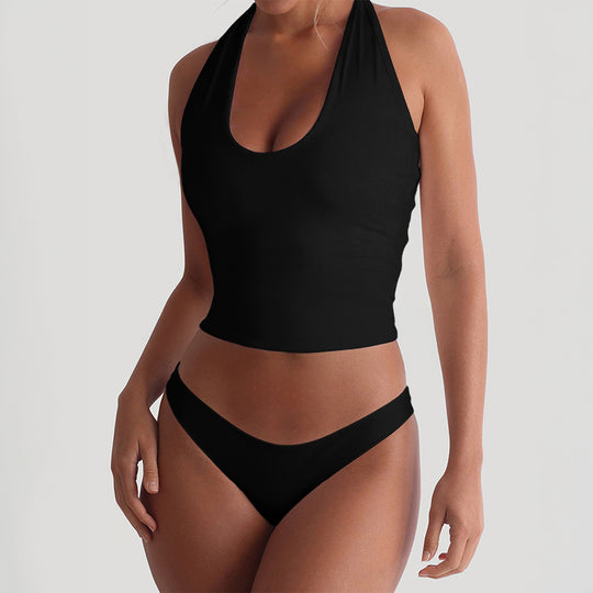 Damen Sportlicher Badeanzug im Crop-Top-Stil mit tiefem V-Ausschnitt EB