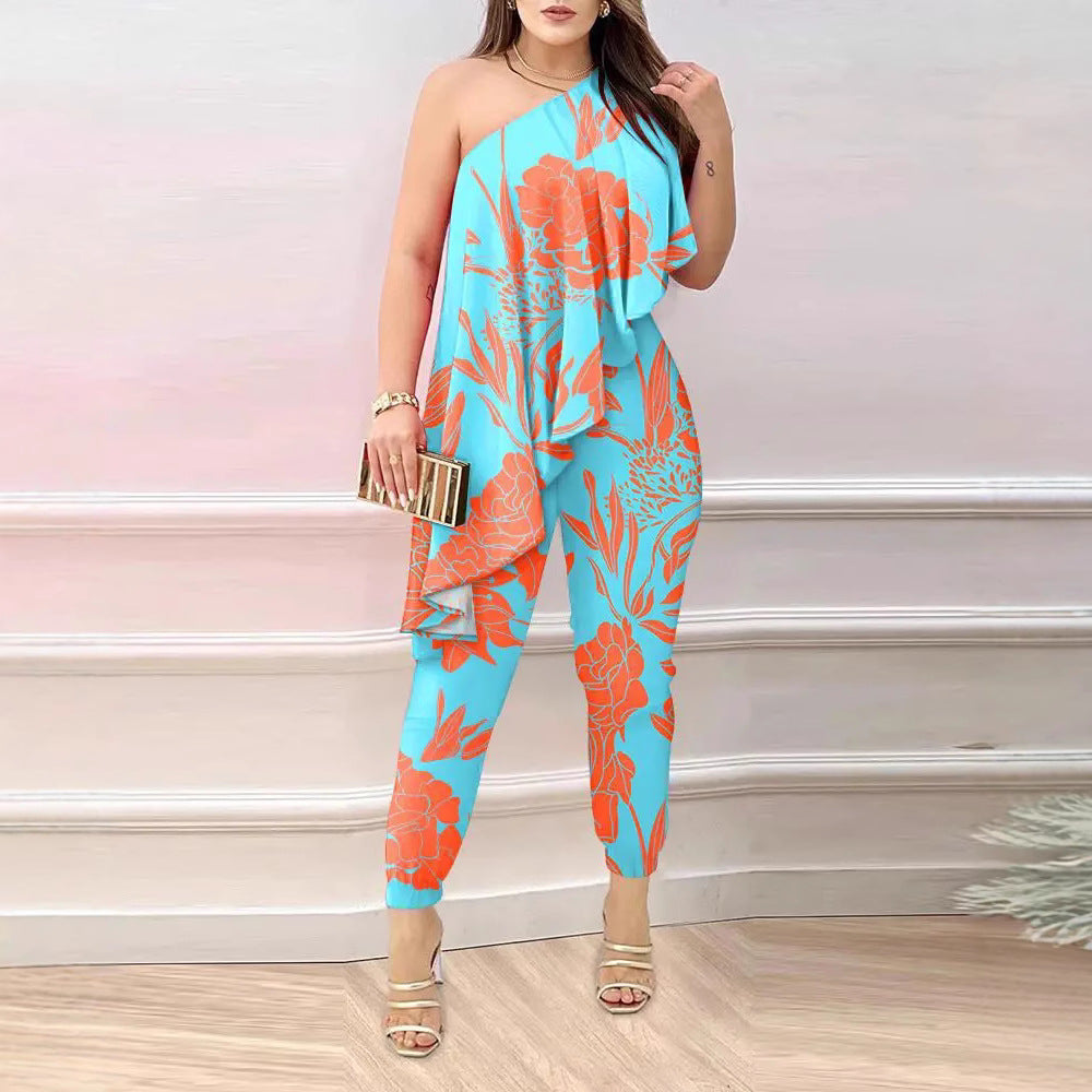 Damen Elegantes Einteiler-Outfit mit asymmetrischem Schnitt und floralen Akzenten EB
