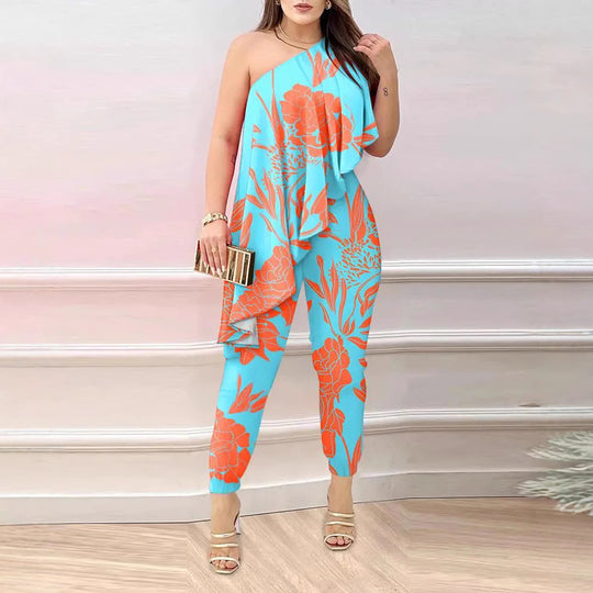 Damen Elegantes Einteiler-Outfit mit asymmetrischem Schnitt und floralen Akzenten EB