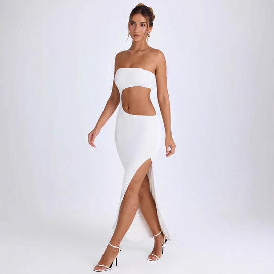 Damen Elegantes Cut-Out Maxikleid mit Schulterfreiem Design und Hohem Schlitz EB