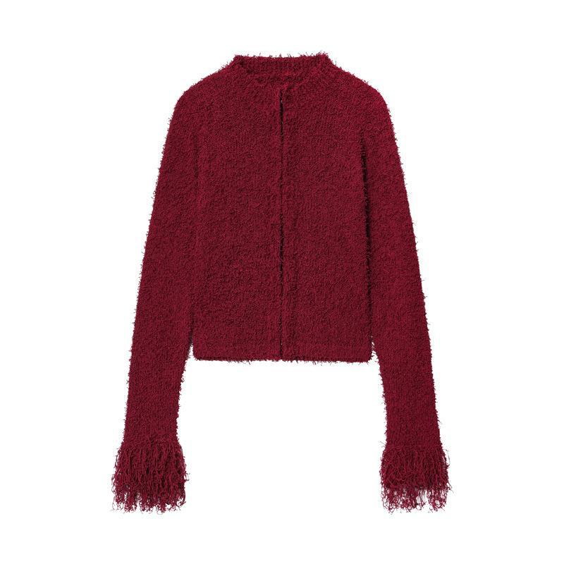 Damen modischer Strickjacke mit fransenärmel und hohem Kragen EB