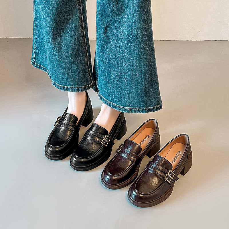 Damen elegante Loafer mit blockierendem Absatz und modischen Schnallen EB